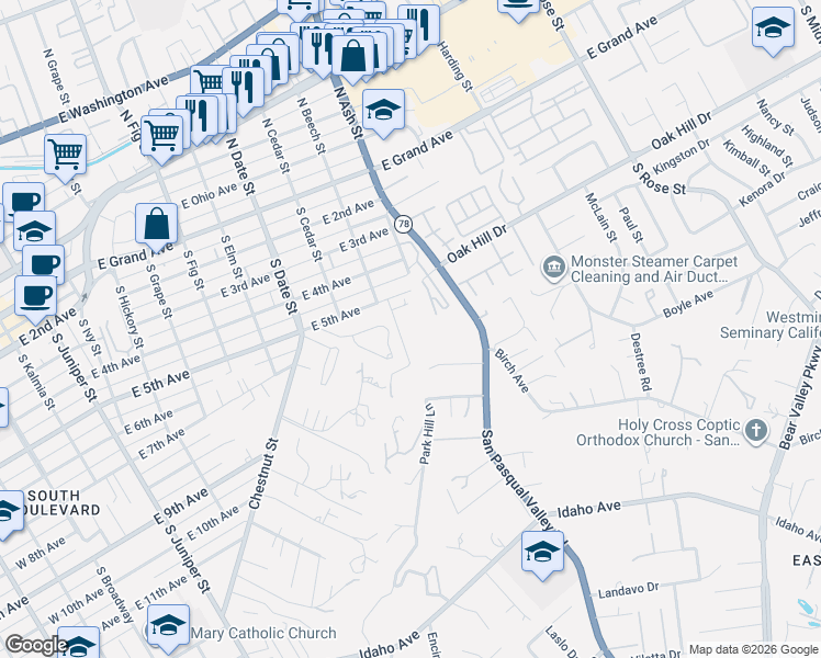 map of restaurants, bars, coffee shops, grocery stores, and more near 1080 Circle Drive in Escondido