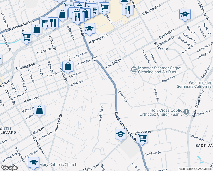 map of restaurants, bars, coffee shops, grocery stores, and more near 910 Ranrido Drive in Escondido