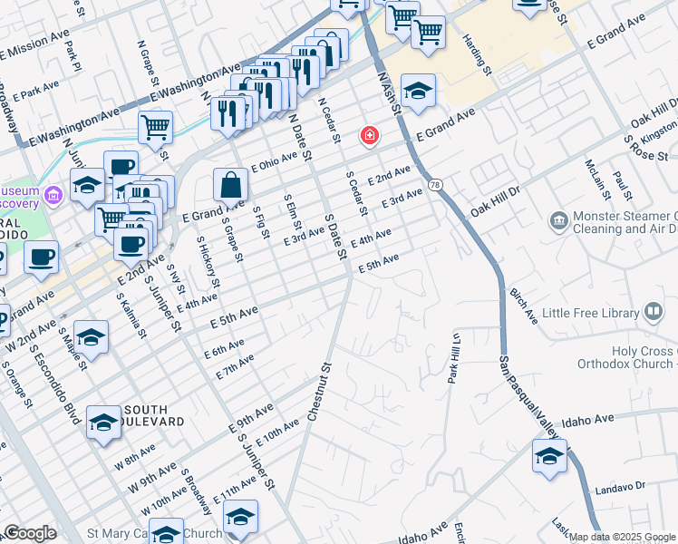 map of restaurants, bars, coffee shops, grocery stores, and more near 829 East 5th Avenue in Escondido