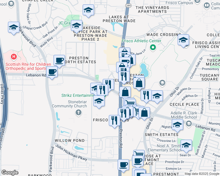map of restaurants, bars, coffee shops, grocery stores, and more near 8810 Lebanon Road in Frisco