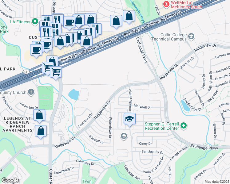 map of restaurants, bars, coffee shops, grocery stores, and more near 1900 Ridgeview Drive in Allen