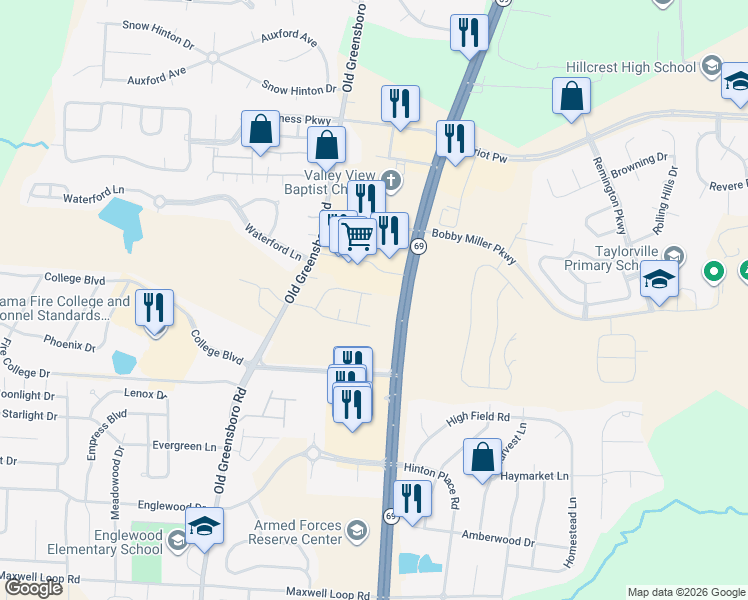 map of restaurants, bars, coffee shops, grocery stores, and more near 1074 Wisteria Dr in Tuscaloosa