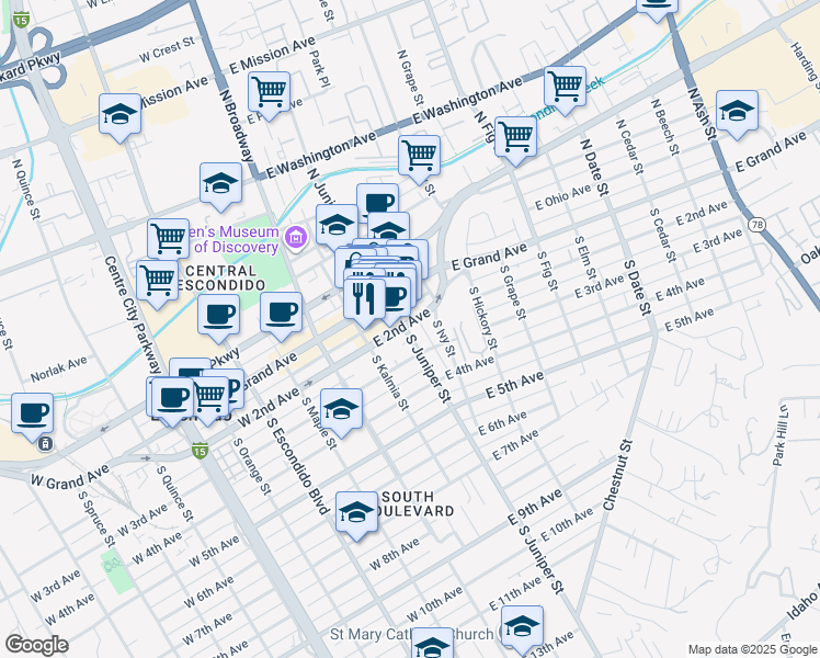 map of restaurants, bars, coffee shops, grocery stores, and more near 239 South Juniper Street in Escondido
