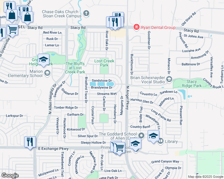 map of restaurants, bars, coffee shops, grocery stores, and more near 1535 Streams Way in Allen