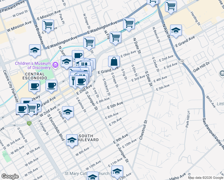 map of restaurants, bars, coffee shops, grocery stores, and more near 525 East 3rd Avenue in Escondido