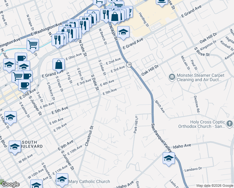 map of restaurants, bars, coffee shops, grocery stores, and more near 1024 Circle Drive in Escondido