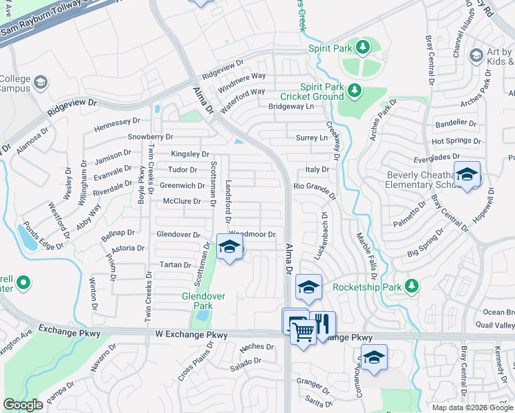 map of restaurants, bars, coffee shops, grocery stores, and more near 1316 Lochness Drive in Allen