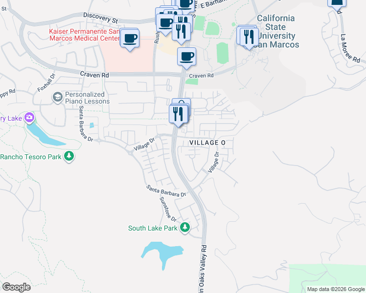 map of restaurants, bars, coffee shops, grocery stores, and more near 336 Kellogg Street in San Marcos