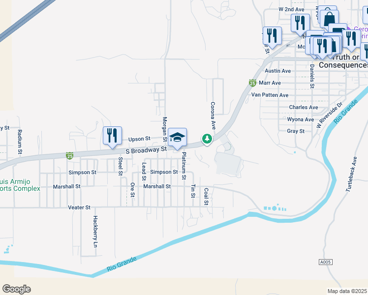 map of restaurants, bars, coffee shops, grocery stores, and more near 1100 Platinum Street in Truth or Consequences