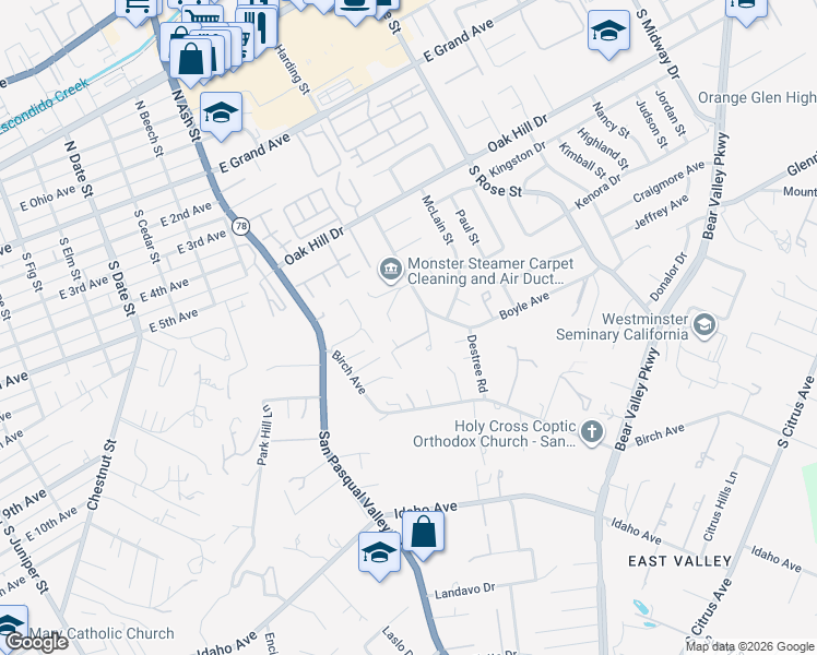 map of restaurants, bars, coffee shops, grocery stores, and more near 1301 Boyle Avenue in Escondido