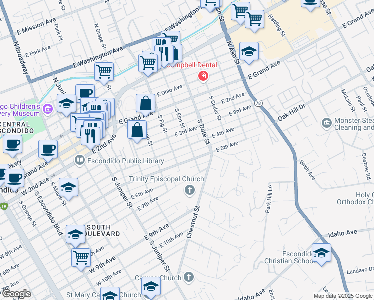 map of restaurants, bars, coffee shops, grocery stores, and more near 740 East 5th Avenue in Escondido