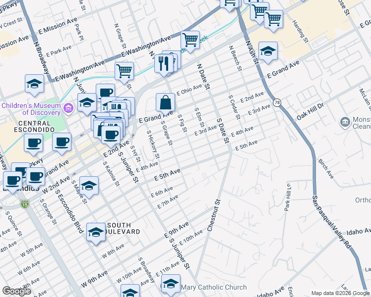 map of restaurants, bars, coffee shops, grocery stores, and more near 639 East 4th Avenue in Escondido