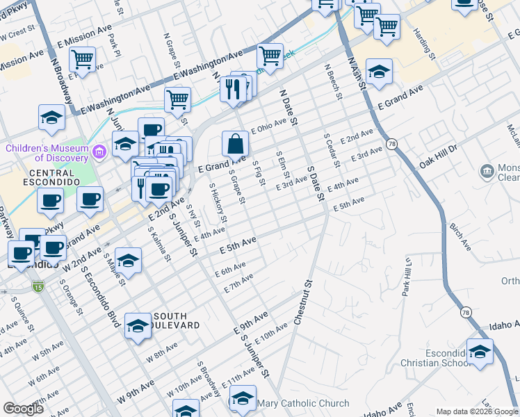 map of restaurants, bars, coffee shops, grocery stores, and more near 639 East 4th Avenue in Escondido