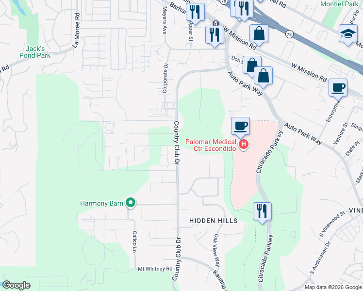 map of restaurants, bars, coffee shops, grocery stores, and more near 932 Country Club Drive in Escondido