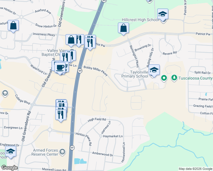 map of restaurants, bars, coffee shops, grocery stores, and more near 579 Camille Lane in Tuscaloosa