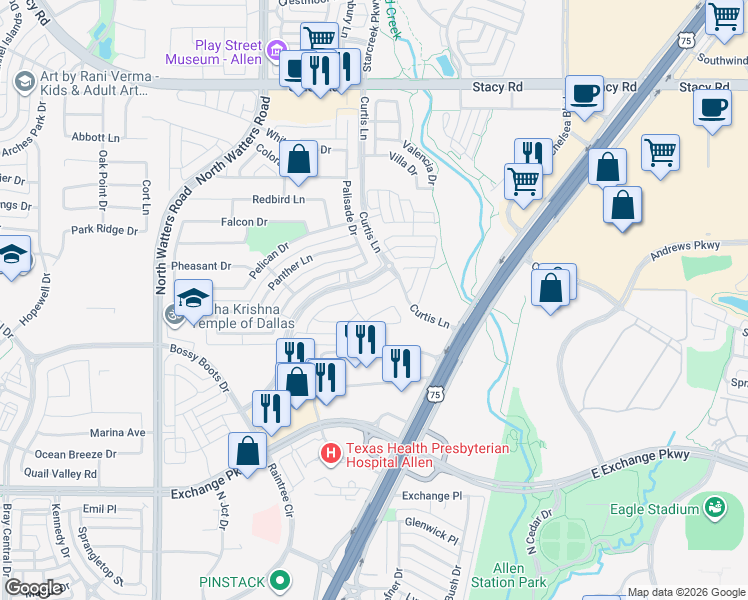map of restaurants, bars, coffee shops, grocery stores, and more near 720 Birdie Drive in Allen