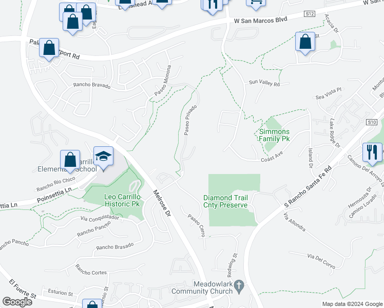 map of restaurants, bars, coffee shops, grocery stores, and more near Paseo Callado in Carlsbad