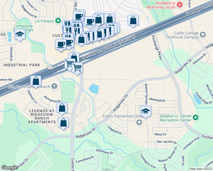 map of restaurants, bars, coffee shops, grocery stores, and more near 1411 Caliche Trail in Allen