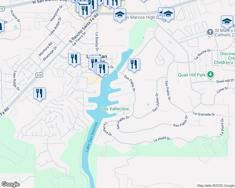 map of restaurants, bars, coffee shops, grocery stores, and more near 1470 La Linda Drive in San Marcos