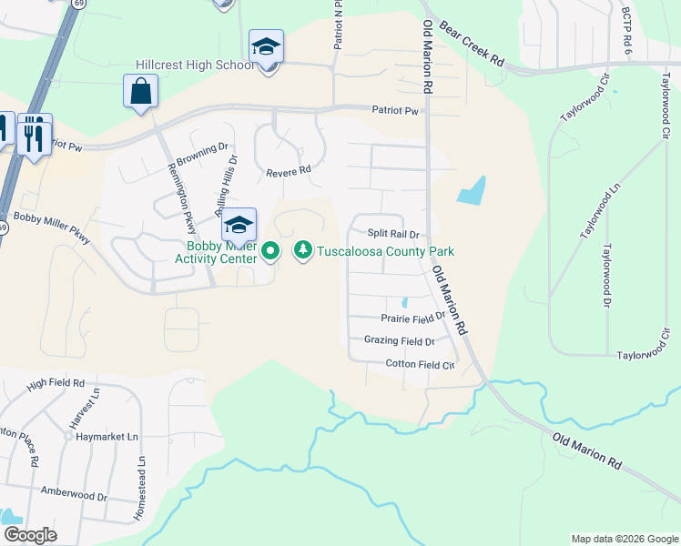 map of restaurants, bars, coffee shops, grocery stores, and more near 9133 Cotton Field Circle in Tuscaloosa