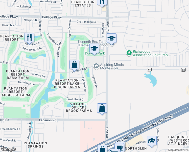 map of restaurants, bars, coffee shops, grocery stores, and more near 5234 Golfside Drive in Frisco