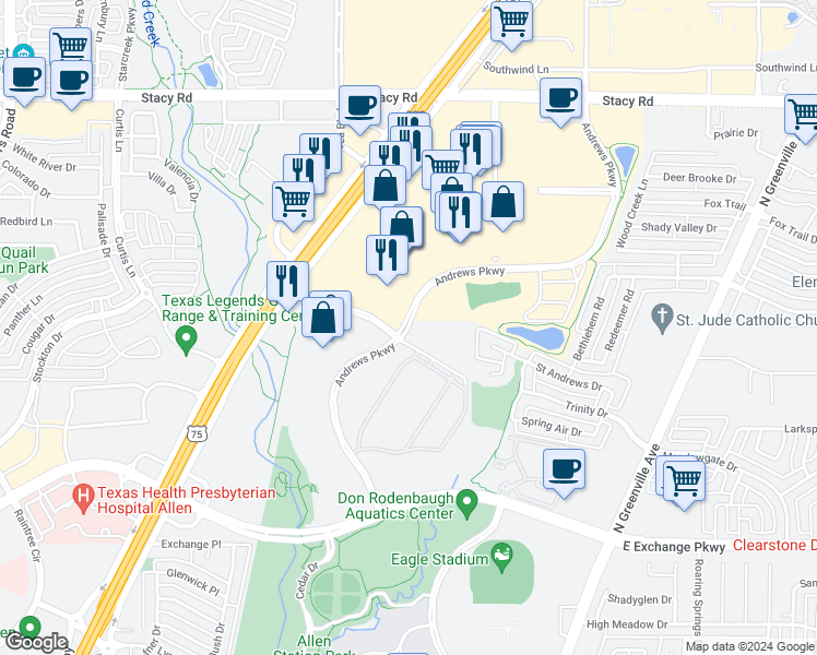 map of restaurants, bars, coffee shops, grocery stores, and more near 1406 Andrews Parkway in Allen