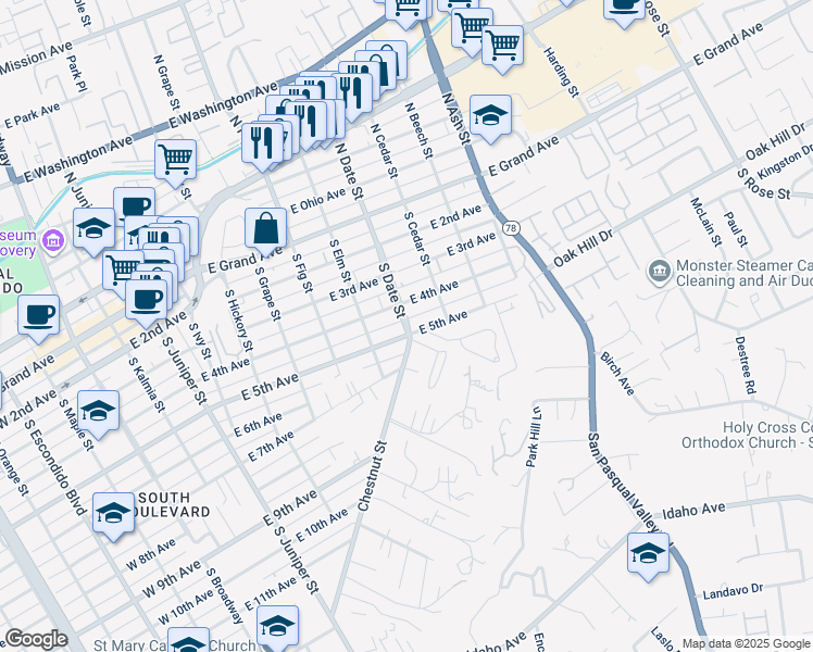 map of restaurants, bars, coffee shops, grocery stores, and more near 829 East 5th Avenue in Escondido