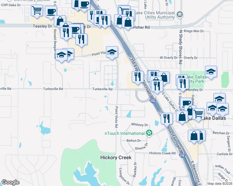 map of restaurants, bars, coffee shops, grocery stores, and more near 1127 Point Vista Road in Hickory Creek