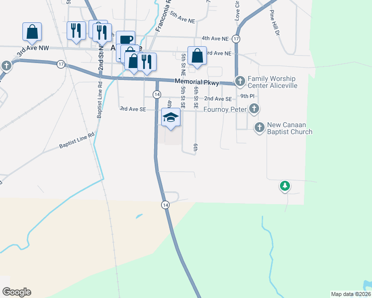 map of restaurants, bars, coffee shops, grocery stores, and more near 401-527 6th Street Southeast in Aliceville