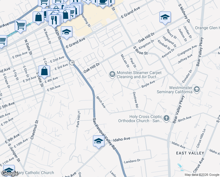 map of restaurants, bars, coffee shops, grocery stores, and more near 1366 Heritage Court in Escondido