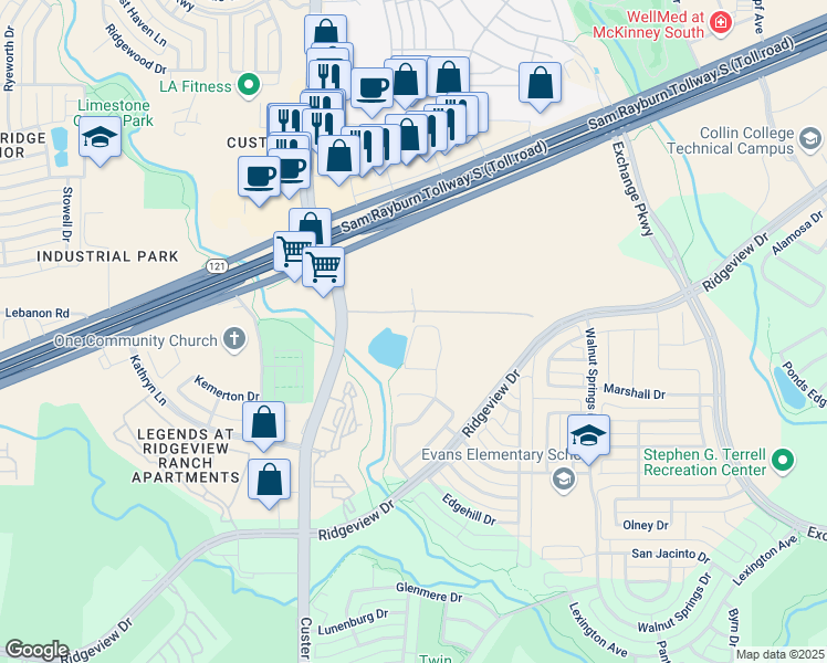map of restaurants, bars, coffee shops, grocery stores, and more near 1413 Field Drive in Allen