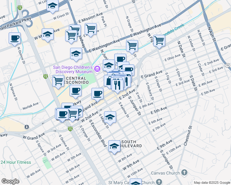 map of restaurants, bars, coffee shops, grocery stores, and more near 236 East Grand Avenue in Escondido