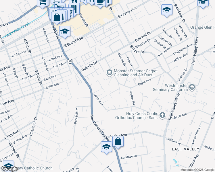 map of restaurants, bars, coffee shops, grocery stores, and more near 1366 Heritage Court in Escondido