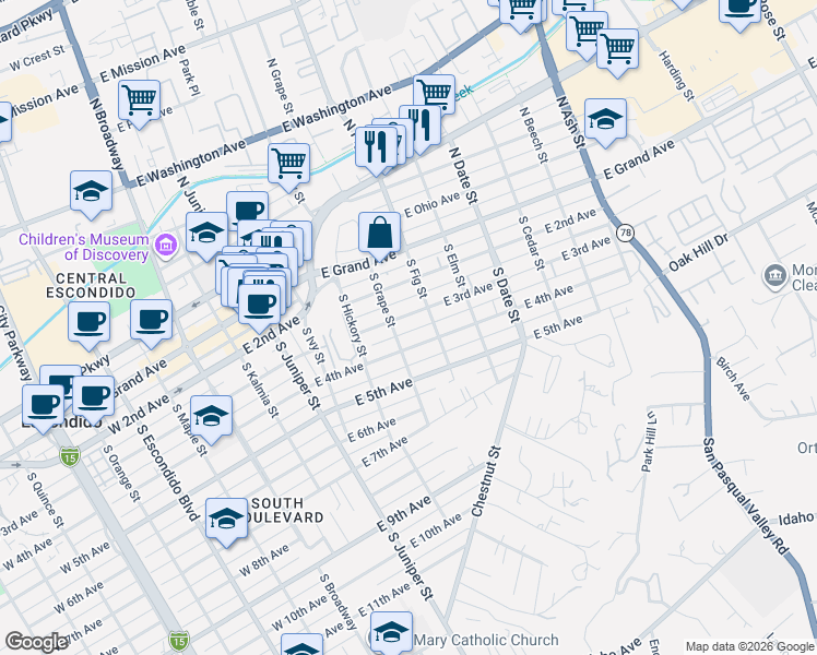 map of restaurants, bars, coffee shops, grocery stores, and more near 226 South Grape Street in Escondido