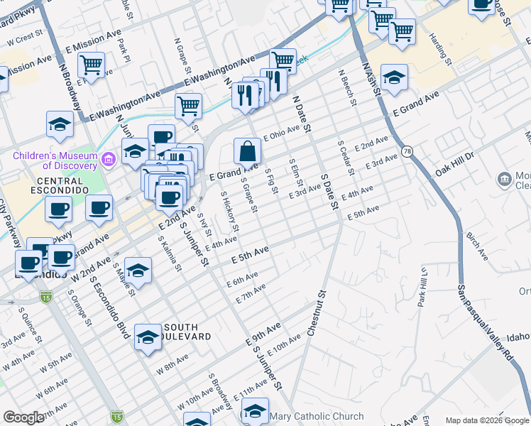 map of restaurants, bars, coffee shops, grocery stores, and more near 226 South Grape Street in Escondido