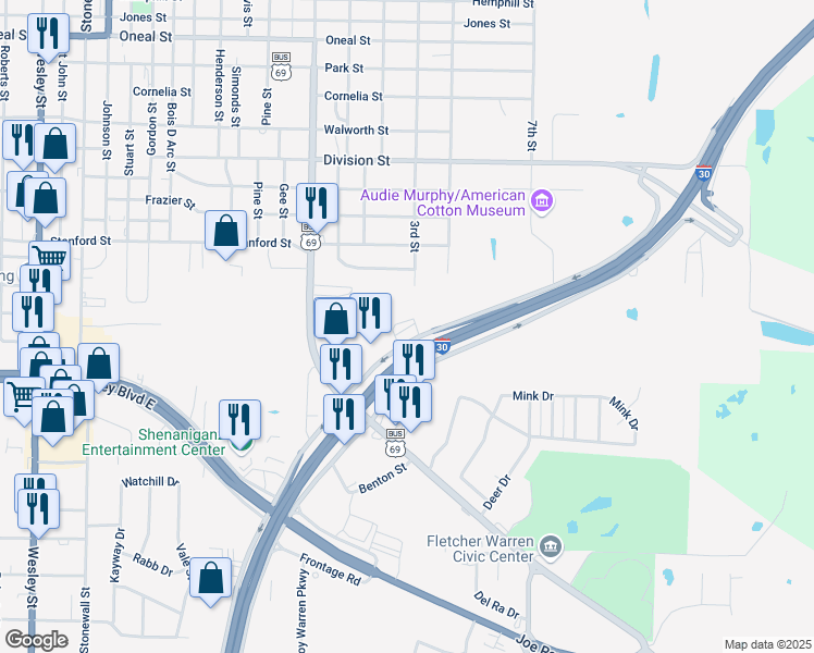 map of restaurants, bars, coffee shops, grocery stores, and more near 1214 Interstate 30 Frontage Road in Greenville