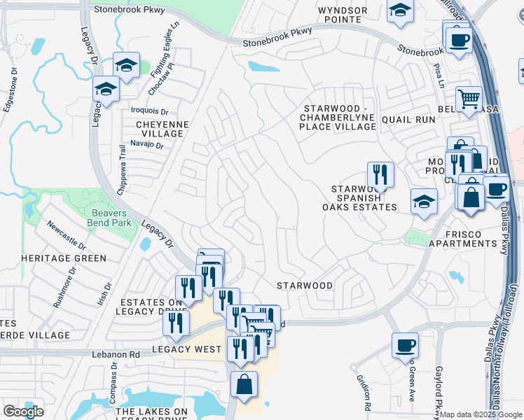 map of restaurants, bars, coffee shops, grocery stores, and more near 5378 Buena Vista Drive in Frisco
