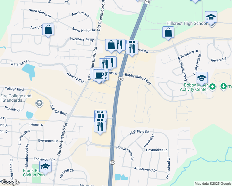 map of restaurants, bars, coffee shops, grocery stores, and more near 9700 Alabama Highway 69 South in Tuscaloosa