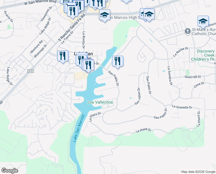 map of restaurants, bars, coffee shops, grocery stores, and more near 1446 La Linda Drive in San Marcos