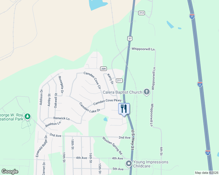 map of restaurants, bars, coffee shops, grocery stores, and more near 2028 Kerry Circle in Calera