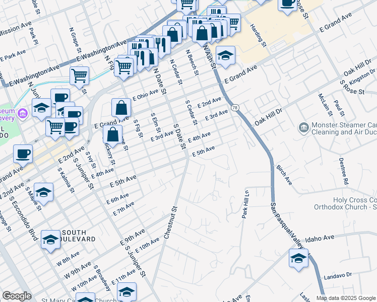 map of restaurants, bars, coffee shops, grocery stores, and more near 943 East 4th Avenue in Escondido