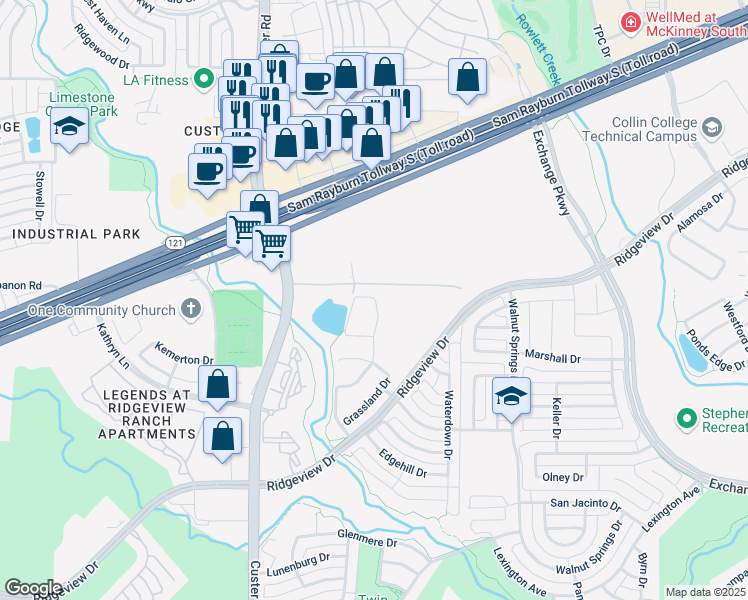 map of restaurants, bars, coffee shops, grocery stores, and more near 1416 Caliche Trail in Allen