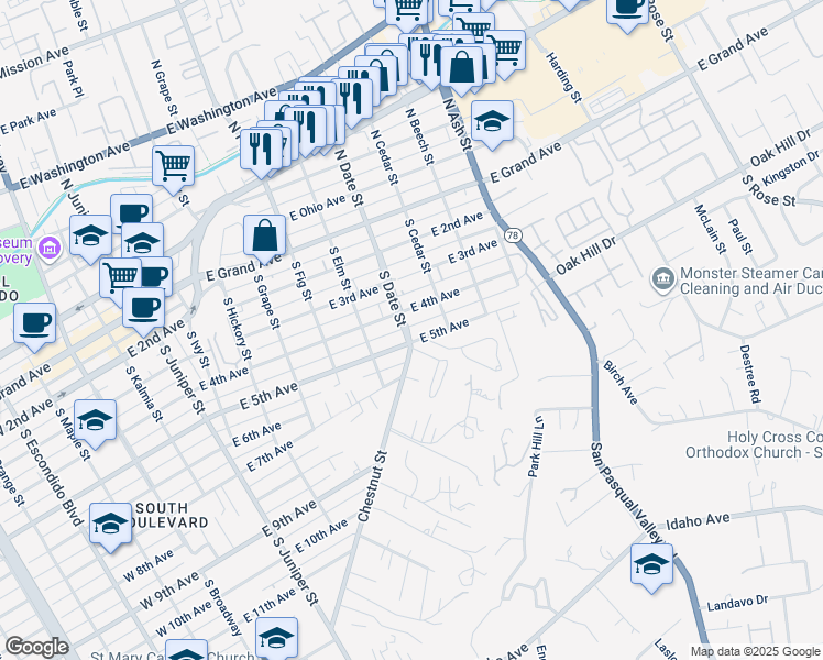 map of restaurants, bars, coffee shops, grocery stores, and more near 943 East 4th Avenue in Escondido