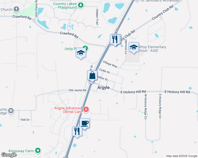 map of restaurants, bars, coffee shops, grocery stores, and more near 709 Cypress Street in Argyle