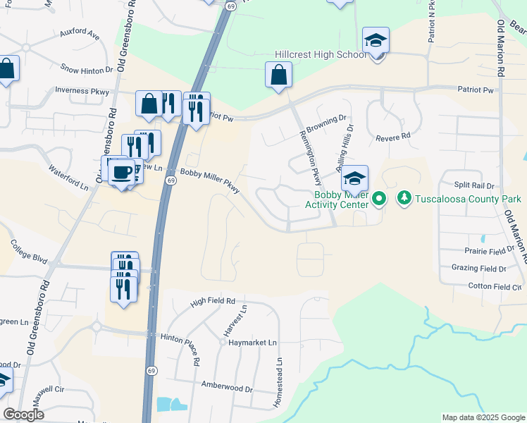 map of restaurants, bars, coffee shops, grocery stores, and more near 579 Camille Lane in Tuscaloosa