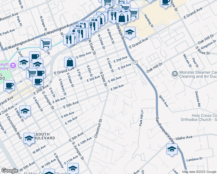 map of restaurants, bars, coffee shops, grocery stores, and more near 943 East 4th Avenue in Escondido