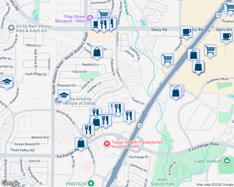 map of restaurants, bars, coffee shops, grocery stores, and more near 801 Stockton Drive in Allen