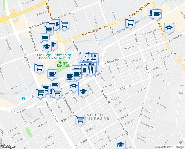 map of restaurants, bars, coffee shops, grocery stores, and more near 167 South Juniper Street in Escondido
