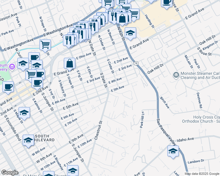 map of restaurants, bars, coffee shops, grocery stores, and more near 943 East 4th Avenue in Escondido