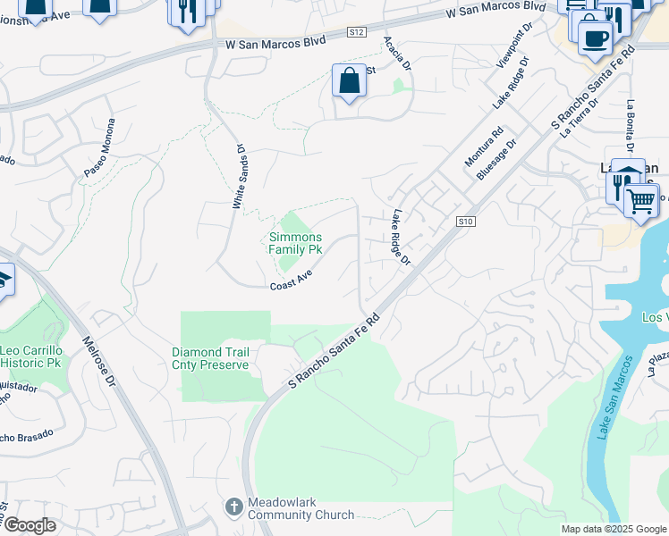 map of restaurants, bars, coffee shops, grocery stores, and more near 2112 Crystal Cove Way in San Marcos
